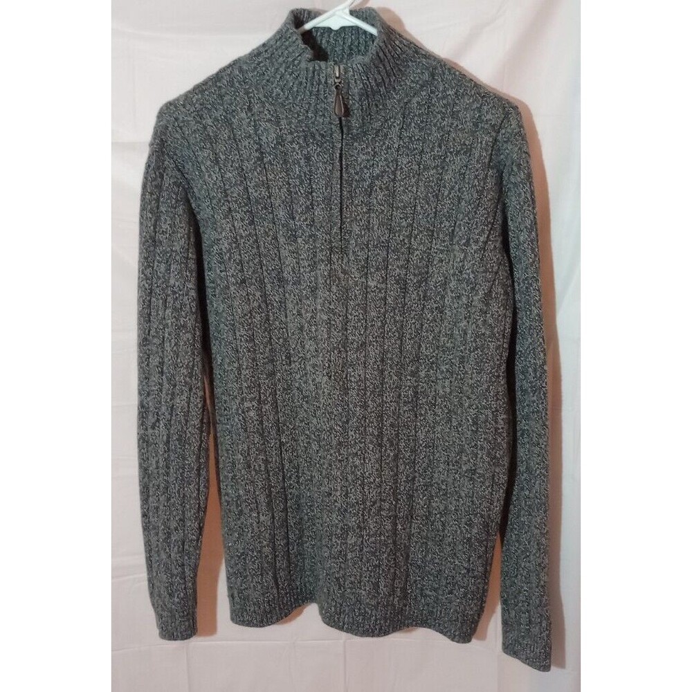 Oscar De La Renta Size XL Grey Ribbed Knit Quarter Zip Mock Neck Cotton Sweater